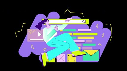 Poster - A female figure with dark hair interacting with a search bar in a colorful digital background, showcasing a modern, animated design.