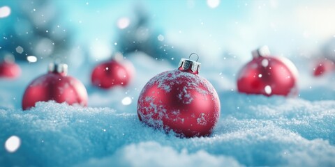 Wall Mural - Red Christmas Balls in Snow