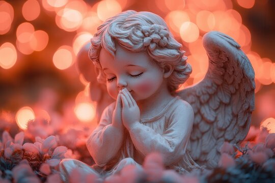 Cherubic figure of a praying angel surrounded by colorful lights and flowers in a serene setting