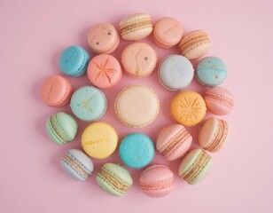 Canvas Print - Pastel Macarons Circle, Sweet Treats Flat Lay, Colorful French Macaroons on Pink Background