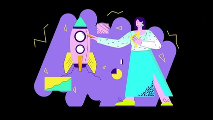 Poster - A woman standing beside a cartoon rocket, illustrating a creative concept against a colorful background.