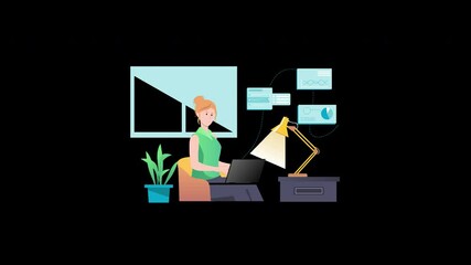 Poster - european woman working at a desk with a laptop and documents in a modern office setting.
