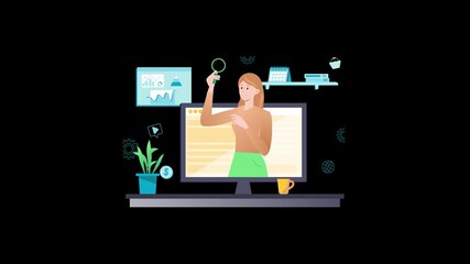 Poster - a european woman presenting data analysis in an animated explainer video with technology elements.