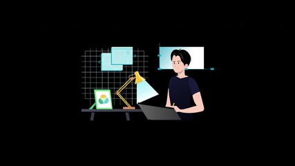 Poster - A young Asian man working on a laptop with design elements in the background.