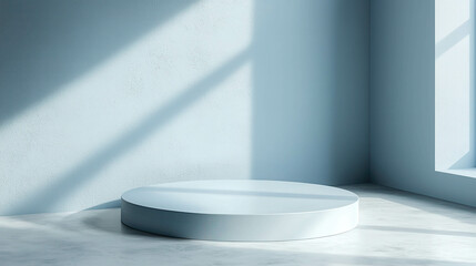Poster - Minimalist 3D Product Display Platform in Soft Blue Interior with Natural Light