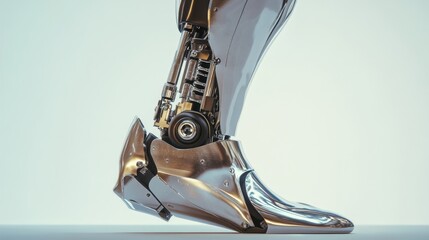 Poster - Futuristic Robotic Leg: A Close-Up of a Chrome Bionic Foot