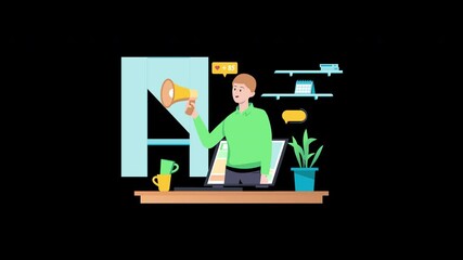 Poster - A European man in a green sweater presenting in front of a computer with a megaphone and plants around.