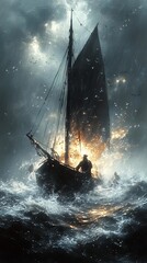 Wall Mural - Burning Ship in Stormy Sea Dramatic Artwork