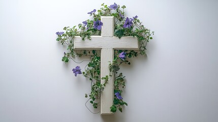 Wall Mural - A white cross adorned with green and purple flowers rests against a white background