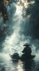 Wall Mural - Misty River Fisherman in Traditional Boat