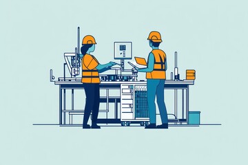 Poster - Industrial Teamwork: Two Engineers Collaborate on Advanced Machinery