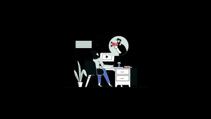 Poster - A person working at a desk in a minimalistic workspace with a plant and a virtual meeting displayed.