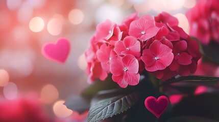 Poster - Close-up of pink hydrangea with floating hearts, bokeh background.