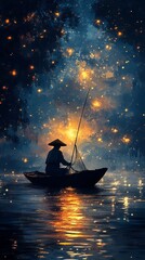 Wall Mural - Night Fisherman in Magical Starry Lake Scene