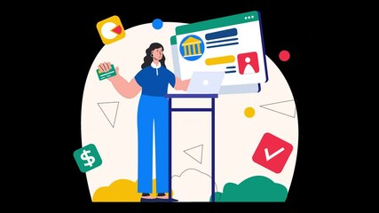 Poster - a woman presenting financial data on a computer, depicting a modern business environment with divers
