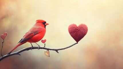 Canvas Print - Red cardinal bird perched on branch with heart.