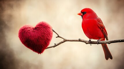 Canvas Print - Red cardinal bird perched on branch beside fuzzy heart.