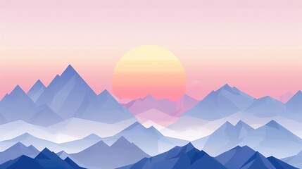 Wall Mural - serene landscape featuring mountains and rising sun, with soft pastel colors creating tranquil atmosphere. geometric shapes add modern touch to natural scene