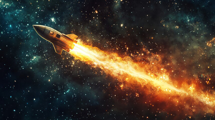Poster - Stylized rocket zooming through space trailing flames from a turbo boost, cartoon  illustration