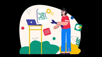 Poster - a woman of asian descent programming at her desk with a wrench in hand, surrounded by colorful abstr