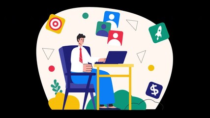 Poster - a european man working on a laptop in an animated office setting with colorful icons around him.