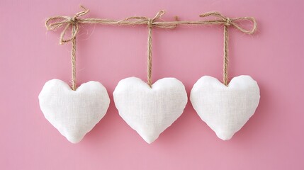 Canvas Print - Three white fabric hearts hanging on twine against a pink background.