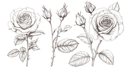 Wall Mural - Hand-drawn roses Set of flowers, buds, leaves and stems in engraving style. Hand-drawn rose line art. Garden rose with leaves.