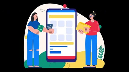Poster - two women, one holding a smartphone and the other with files, engaged in a tech discussion. the imag
