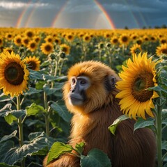 Wall Mural - A golden monkey nestled among bright sunflowers, looking at a distant rainbow.