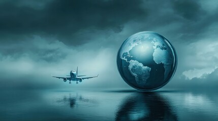 Poster - Airplane Flying in Dramatic Sky with Globe Overlay in Water Scene