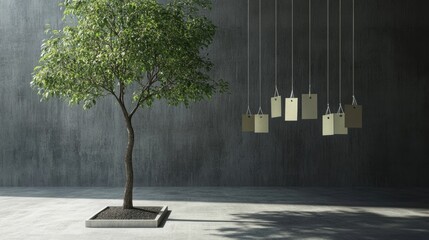 Poster - serene tree with hanging blank tags in minimalist indoor space