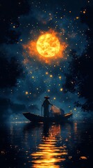 Wall Mural - Serene Fisherman Under Giant Moon Night Sky Art