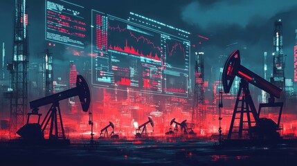 Poster - Futuristic Oil Field with Data Visualization and Night Sky Background