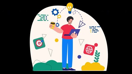 Poster - A man of mixed ethnicity holds a coffee cup while using a laptop in a vibrant, creative workspace.