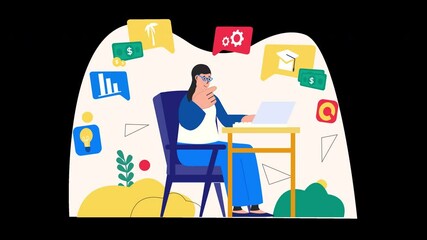 Poster - a woman of asian descent working on a laptop, surrounded by colorful icons representing business and