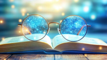Poster - Enchanted Glasses Over Open Book with Cosmic Imagery Inside