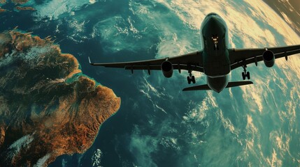 Poster - Airplane Flying Above Earth with Beautiful Ocean and Land View