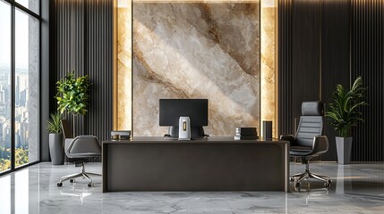 Poster - Modern luxury office interior with marble wall, large window, and city view.