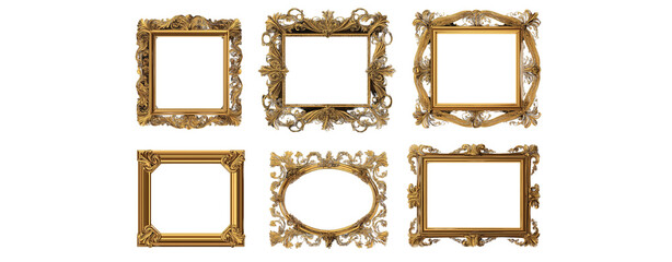 Wall Mural - Set of pink flowers isolated on a transparent backgroun - Set of golden vintage frames isolated on a transparent background 