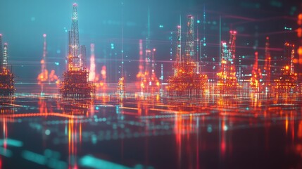 Poster - Abstract Digital Representation of Oil Rigs with Glowing Effects