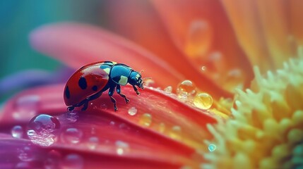 Wall Mural - Ladybug on Dew-Kissed Gerbera Daisy