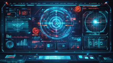 Poster - HUD aim control frame interface futuristic target screen. Vector ski-fi monitors, UI techno elements, military optical aiming, spaceship crosshairs. Modern collimator sight, gun focus range indication