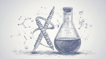 Poster - Laboratory flask and model of DNA helix isolated on white background for science theme design. Outline sketch style