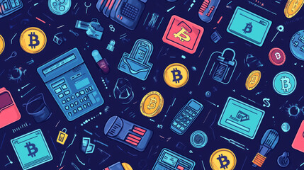 Poster - Cryptocurrency and bitcoin mining technology pattern background. Vector seamless thin line design of bit coin or crypto currency digital wallet, credit card or blockchain and calculator