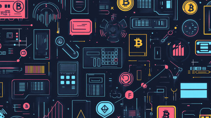 Poster - Cryptocurrency and bitcoin mining technology pattern background. Vector seamless thin line design of bit coin or crypto currency digital wallet, credit card or blockchain and calculator