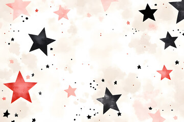 Poster - A whimsical watercolor background featuring stars in black, red, and pink against a soft, light backdrop, evoking a playful and dreamy atmosphere