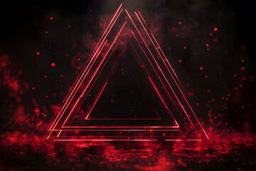 Poster - A striking red triangular design emerges from a dark background, surrounded by swirling particles, creating an intense and dynamic visual effect