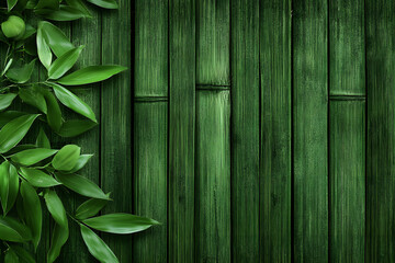Poster - A serene green background featuring wooden panels and lush leaves, perfect for nature-themed designs or backgrounds