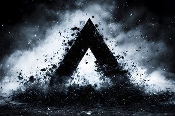 Aufkleber - A dark, abstract design featuring a prominent triangular shape emerging from a cloud of particles and smoke, creating an intense visual impact