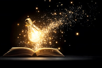 Poster - A magical light bulb illuminates an open book, emitting sparkling particles, symbolizing creativity and inspiration